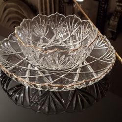 Beautiful German Mikasa Crystal Serving Platter & Serving Bowl With Scalloped Gold Rim! Great For The Holidays! (+ S & H)