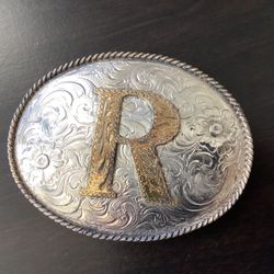 Vintage Initial “R” Belt Buckle Award Design Medals Noble Oklahoma Western Style Silver Plated Hand Engraved USA