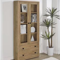 Sale !!4 Shelf Glass Door Tall Cabinet With Drawers Mango 
