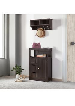 Wood Bathroom Floor Cabinet with 3 Drawers &1 Cupboard, Free Standing Storage Organizer Hallway Entryway Cabinet for Living Room Kitchen, Espresso