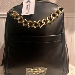 Love Moschino Black Backpack w/ Gold Heart Chain Borsa Pu Nero