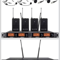 Frequency B Wireless Microphone System 4 Channel 4 Lavalier 4 Bodypacks 4 Lapel Mic 4 Headsets UHF for Karaoke System Church Speaking Conference Meeti