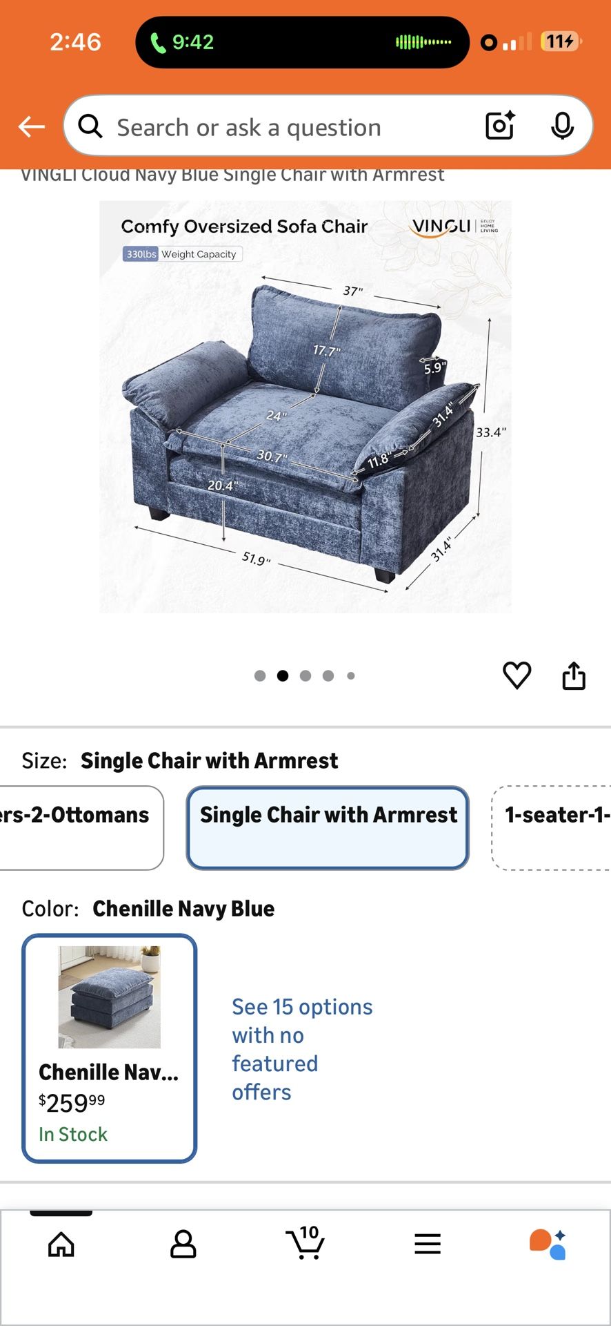 VINGLI Cloud Navy Blue Single Chair with Armrest