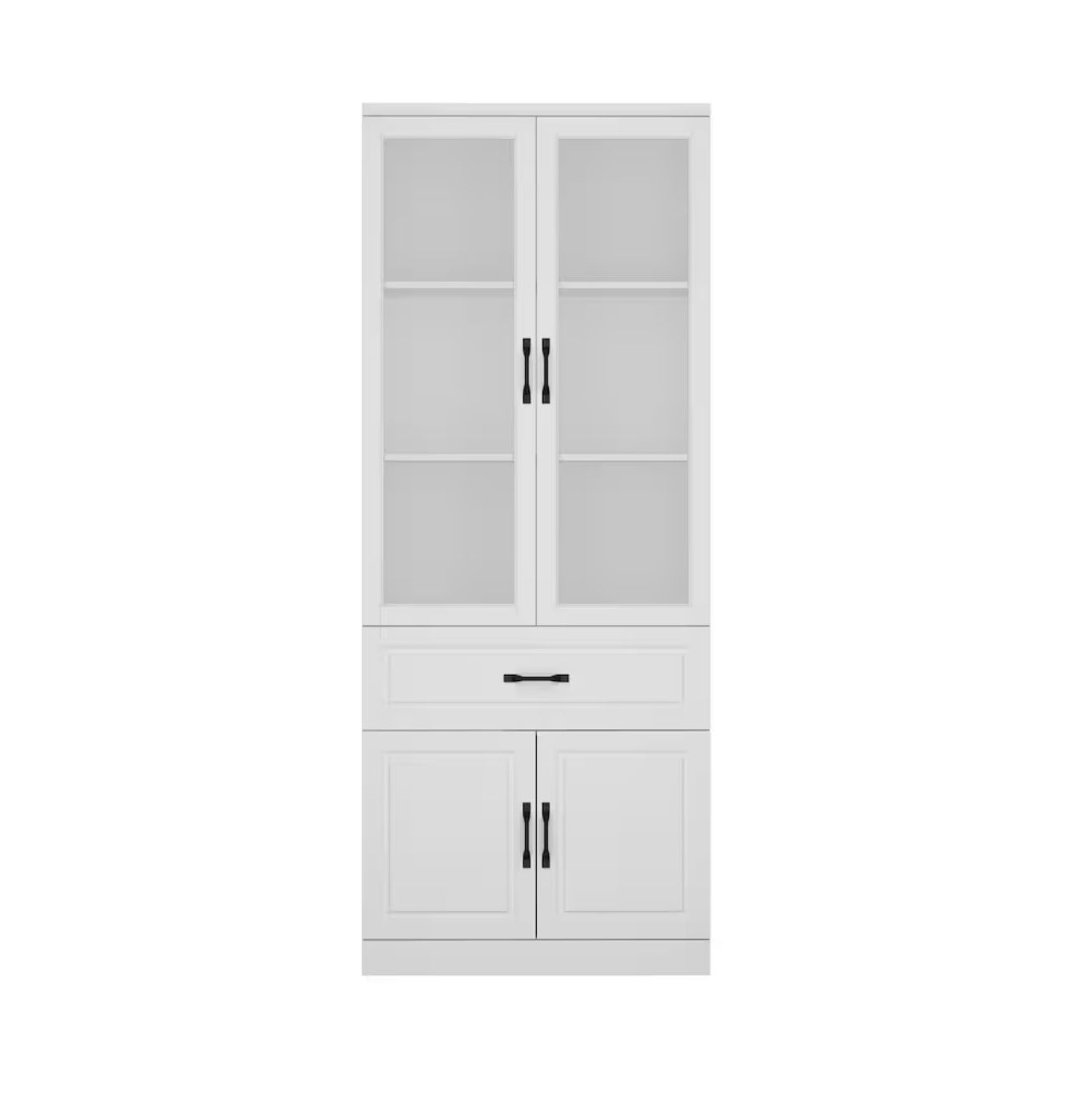 White Wood 4-Shelf Bookcase with Tempered Glass Doors, Lower Cabinet & Central Drawer