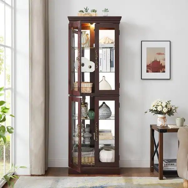 NEW. Lighted Glass Curio Display Cabinet,Display Cabinet,Glass Storage Cabinet Glass Wine cabinet Wood Frame Toy Display