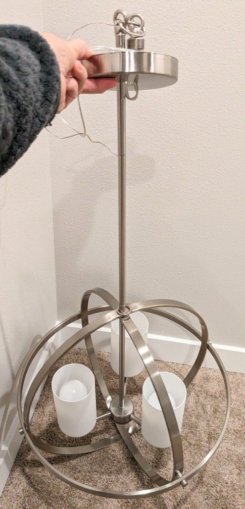 3-light Brushed Nickel Modern Chandelier W Etched White Glass, Like New