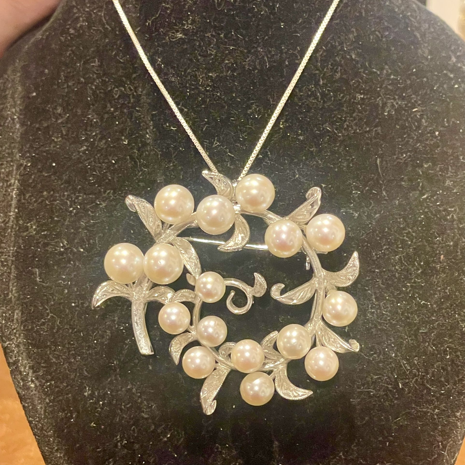 Vintage Akoya Sterling Silver Saltwater Pearls Brooch, Pendant