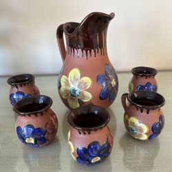Drip Glaze Clay Pottery Pitcher And Cups 6 Pc Set ~ IF IT’S STILL LISTED, IT’S AVAILABLE…