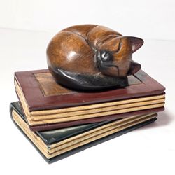 Cat On Books Wood Figurine Thiland