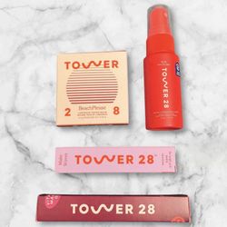 4 Item Bundle TOWER 28 Tinted Balm, Make Waves Mascara, SOS Spray & Juice Balm