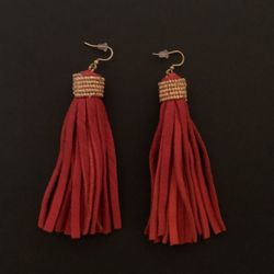 4” Red Vinyl/leather Earrings With Gold Beads And Clasp