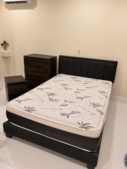 Upholstered Bed Frame with Mattress and drawer set