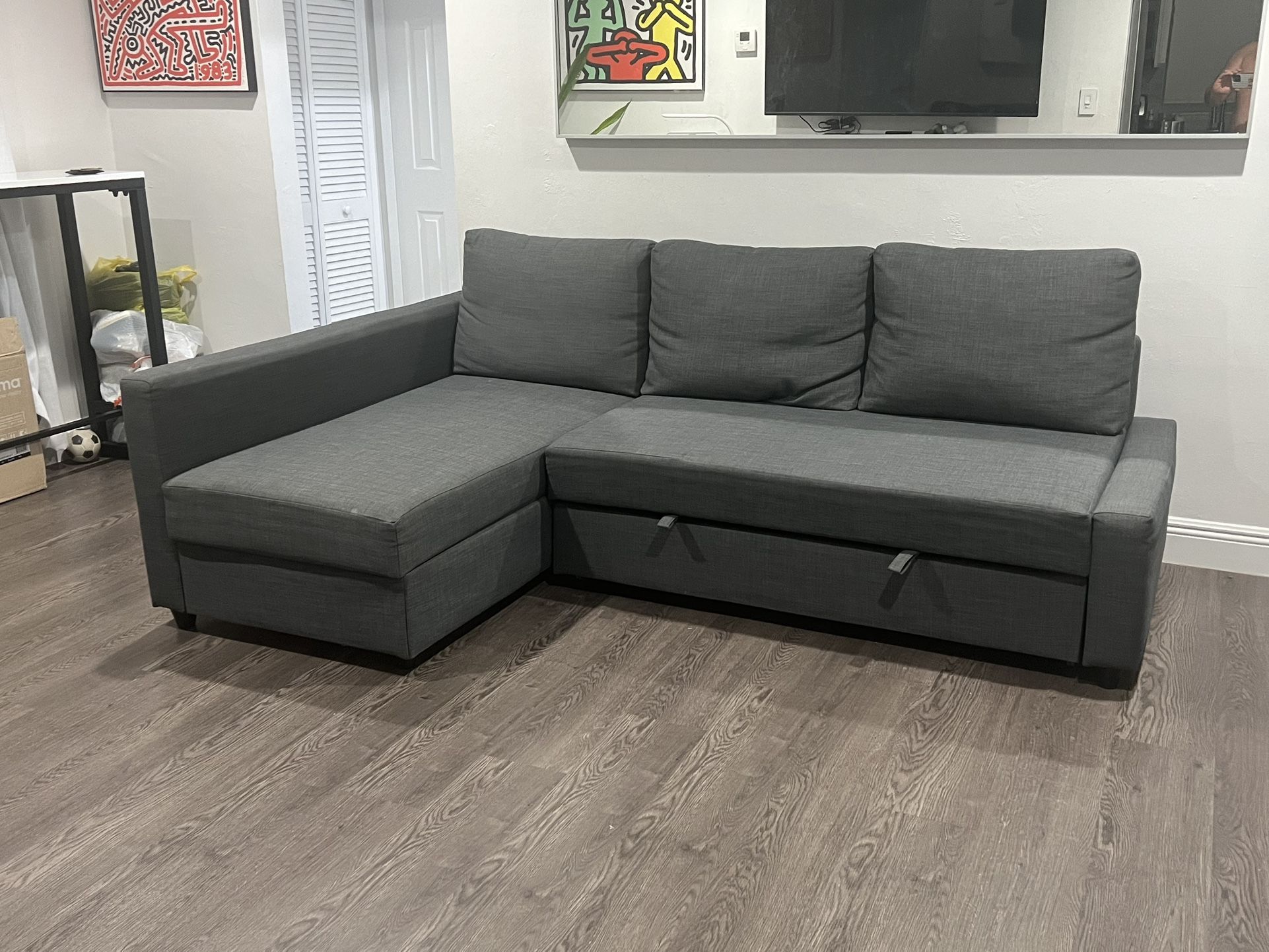 FRIHETEN IKEA Sleeper sectional, 3 seat w/storage, L Shaped Sofa Couch dark gray
