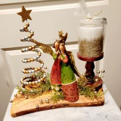 Christmas Centerpiece Candle Holder Angels Tree Wood Live Edge