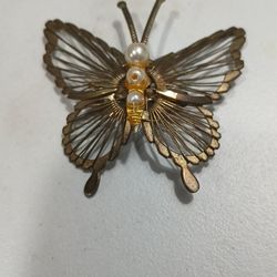 Vintage Gold Tone Wire Wrapped Faux Pearl Butterfly 