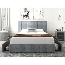 Headboard and 4 Storage Drawers King Size Platform Bed Frame 