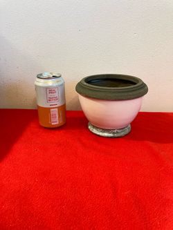 6” x 5”H Planter w/ Drainage Hole - Looks Like Pottery w/ Glazed White Finish & Gray Trim