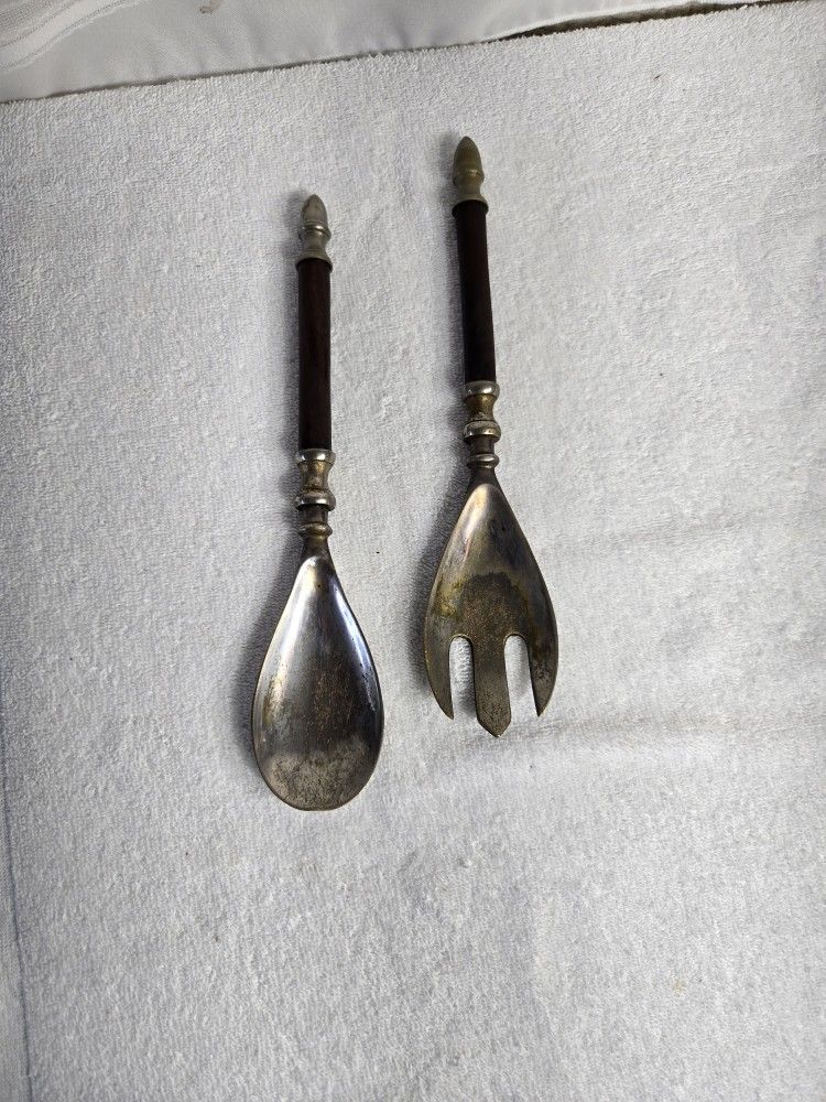 Vintage Metal & Wood Handle Salad Server Set - Rustic Decor