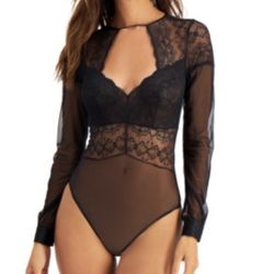 NWT! INC International Concepts Sheer Lace Thong Bodysuit - Deep Black - XL