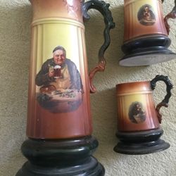 Antique National China Co E.L.O Monk & Friar Tall Tankard & 6 Steins, 1(contact info removed)