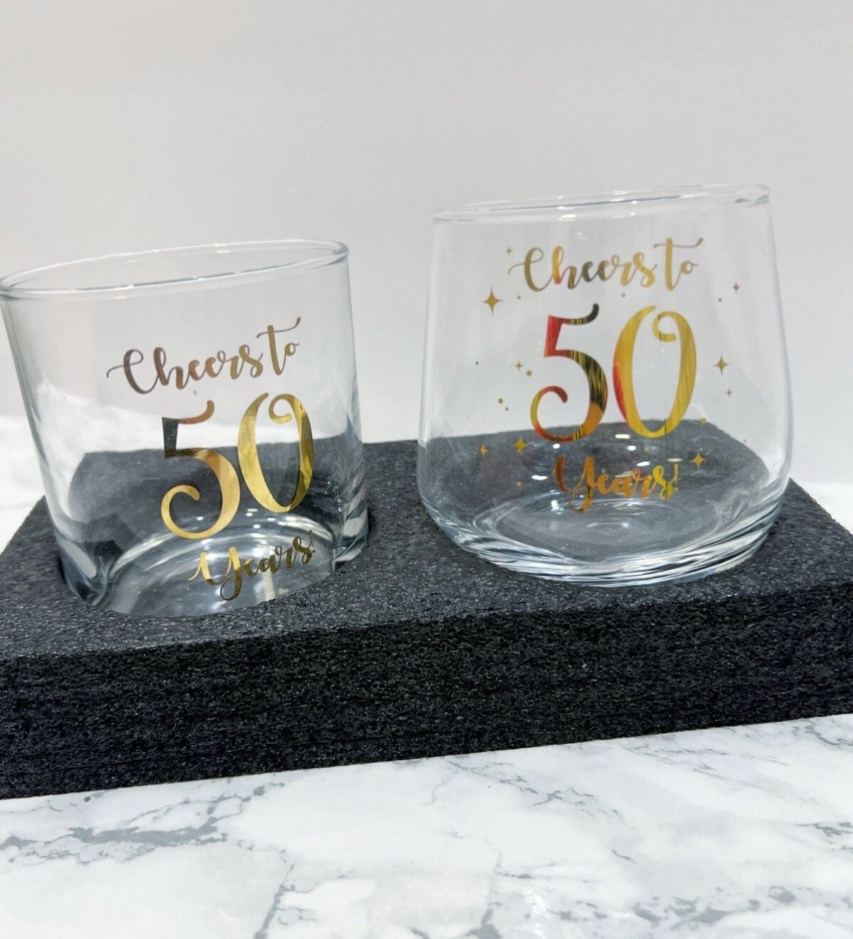 Cheers to 50 Years Stemless Wine & Whiskey Glass Gift Set with Gold Foil Design