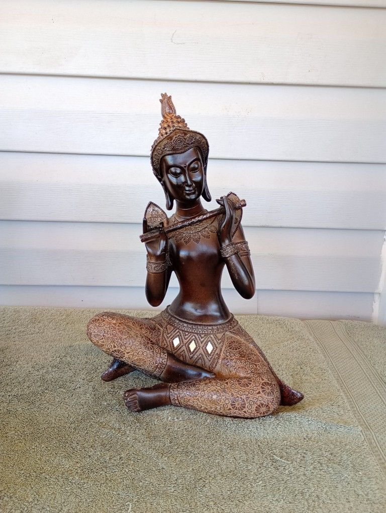 Bronze Seated Playing Flute Thai Figurine Buddha Statue 13.5” H. Beautiful statue.