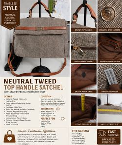 One-of-a-Kind Neutral Tweed Satchel Crossbody Purse | Brown Trim | Spacious Everyday Handbag