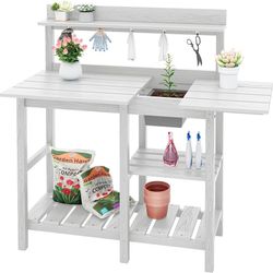 SERWALL Potting Table for Outside All Weather Use- White