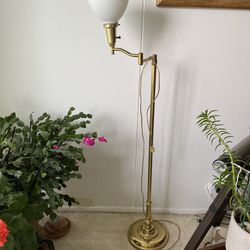 Vintage Antique Mid Century Floor Lamp Brass Gold with Opaline Glass Shade