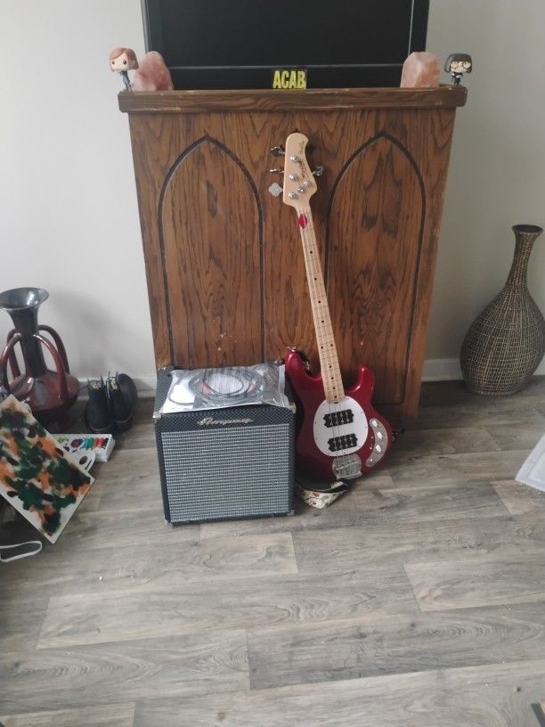 Cherry Red Sterling Stingray Bass Guitar And Amp