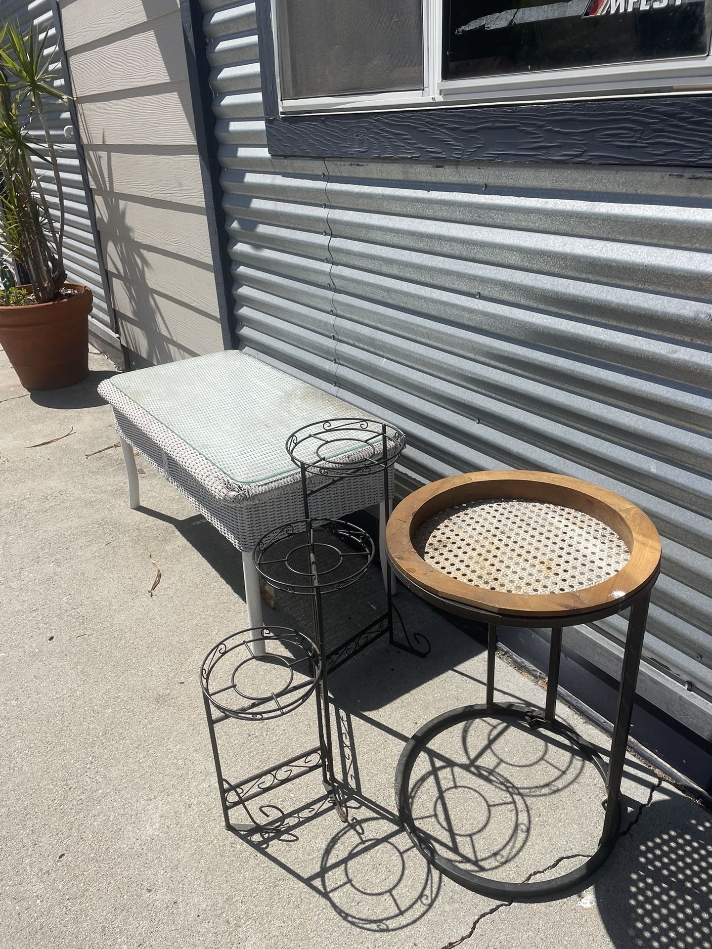 Plant Holders & Wicker Table