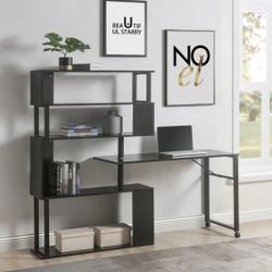 BRAND NEW 
Home Office Computer Desk L-Shaped Corner Table, Rotating Computer Table With 5-Tier Bookshelf, Four Installation Methods, Lockable Casters