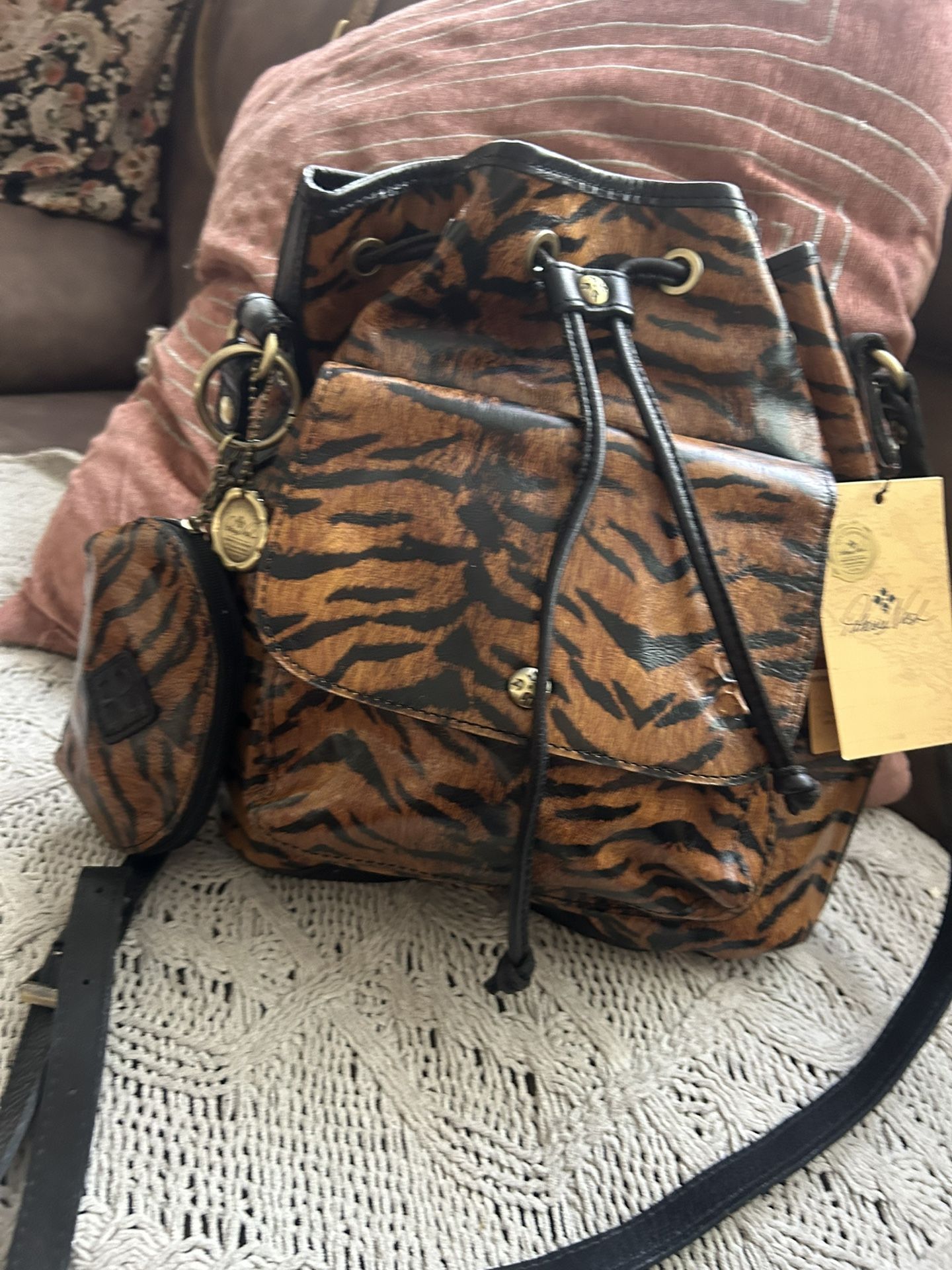 Patricia Nash Sabrina Tiger Leather Drawstring Bag New