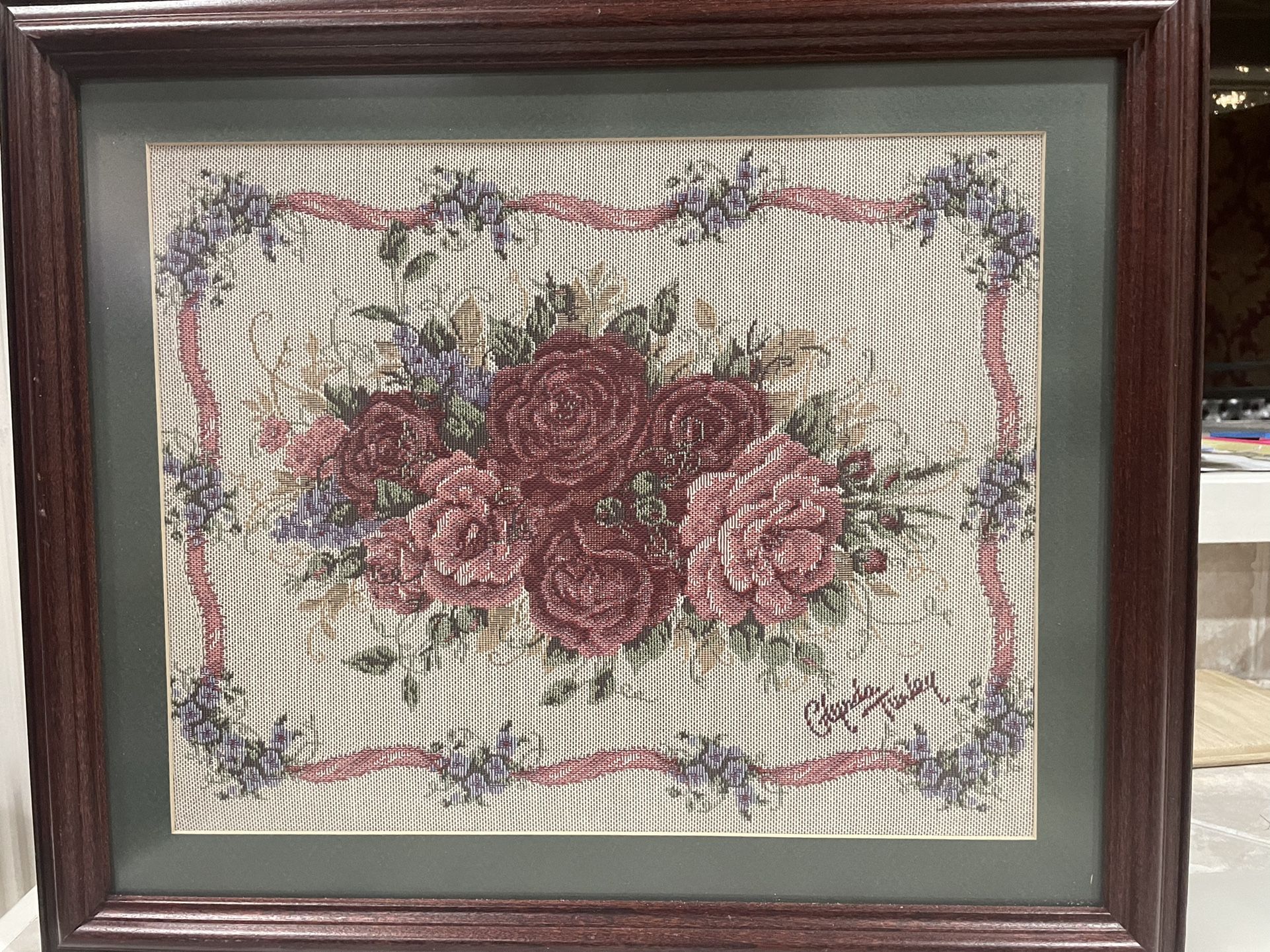 絵画 flk041210 Vintage Framed Cross Stitch Embroidered Needlepoint Floral