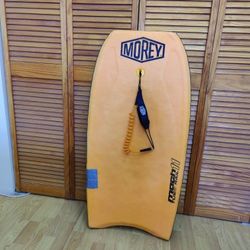 Morey Mach 11 Tube Rail Boogie Body Board Yellow Faux Wood with Leash 42" Surfboard Surfing 