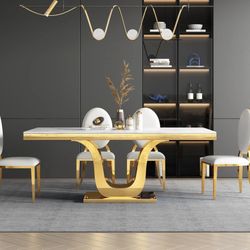 Marble Dining Table - White Marble Top Gold Stainless Steel Base