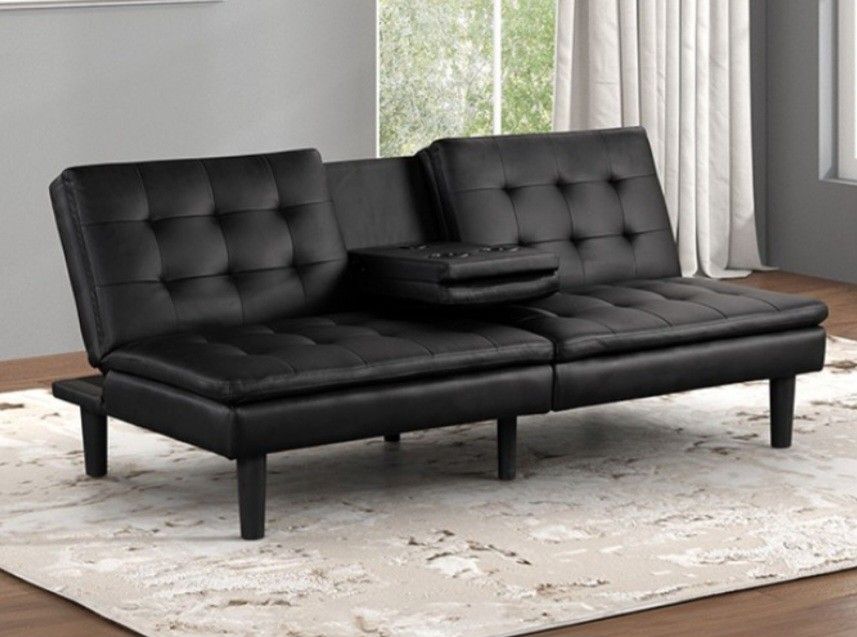 Brand New Black Leather Futon Sofa Sleeper w Cup Holders