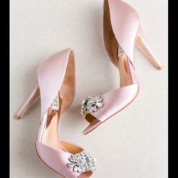 Audrey Brooke Embellished Light-Mid Pink Satin with 3 Inch Peep-Toe Stilettos 5W