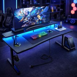 New 55 Inch Gaming Desk with LED Lights & Power Outlet, Computer Gamer Desk with Monitor Stand, Ergonomic Gaming Table Carbon Fiber Home Office Desk w