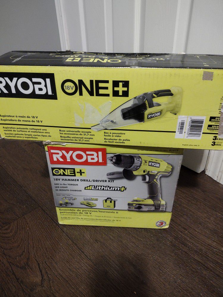 Ryobi ONE + Lithium Drill And Hand Vacuum. 