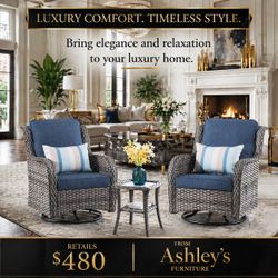 Ovios Set of 2 Rattan Gray Wicker with Denim Blue Cushions Iron Frame Swivel rocker Rocking Chair with Blue Cushioned Seat 