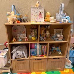 FOTOSOK Toy Storage Organizer with 3 Movable Drawers, Floor Storage Cabinet Toy Chest with Hidden Wheels and 5 Storage Cubbies, Multifunctional Storag