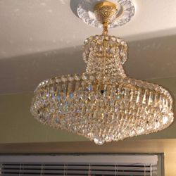 Antique / Vintage Brass & Crystals 7 Tiered 12 Lights Semi Flush Mount French Chandelier