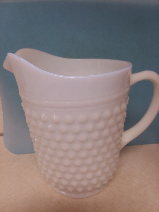 Pitcher, White Milk Glass Hobnail Design