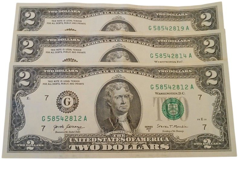 (3) Two Dollar Bills AU Sequential Numbers