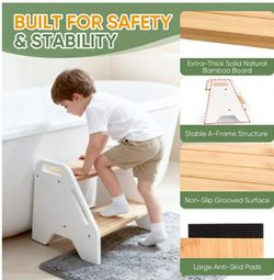 Toddler & Kids Step Stool, Adjustable Bamboo Wooden Step Stool with White Side Panels for Kitchen, Bathroom Sink & Toilet, Non-Slip 2 Step Stool, Stur