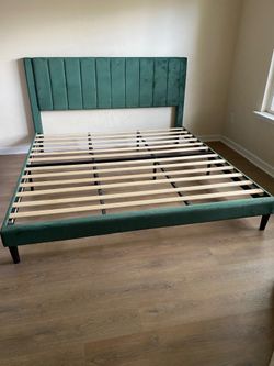 King Size Green Velvet Upholstered Platform Bed With Headboard No Box Spring Needed Wayfair