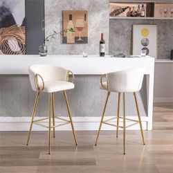 Set of 2- Beige Velvet Bar Stools with Gold Frame [NEW] **Assembly Req**