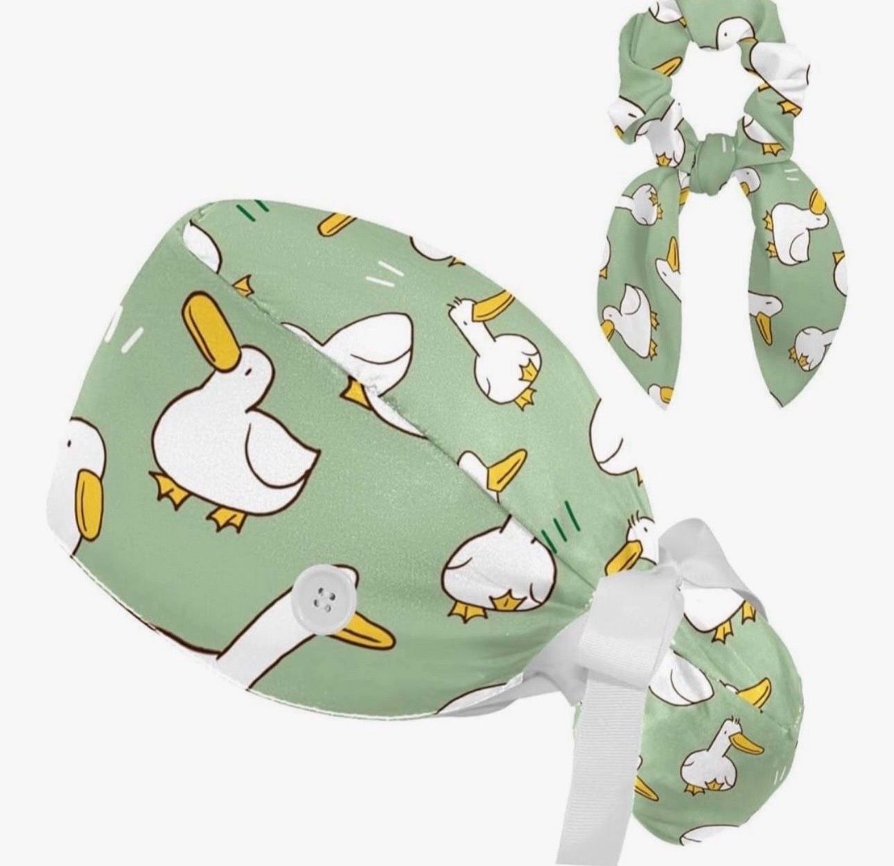 Duck Print Scrub Cap & Matching Hair Scrunchie Adjustable Bouffant Hat