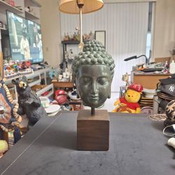 13" Buddha Head Statue, High Quality Resin On Wood Stand - Intricate Details Creating A Tranquil Centerpiece,  Southeast Asian Art, Vintage